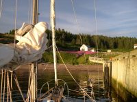 Photo of Sweet Breeze tied up at a dock on Quebec's Gaspe Peninsula. Note the low tide and high dock and see the blazing bloom of Fireweed on shore.
